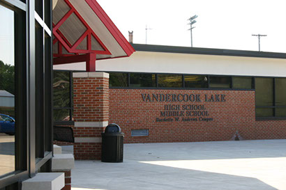 A photo of the glass work at Vandercook High School